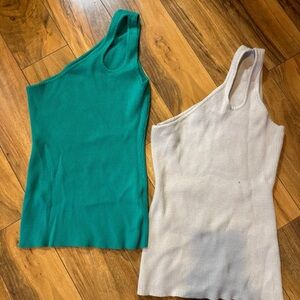 Stylish One-Shoulder Ribbed Tank Tops - Teal and Cream
